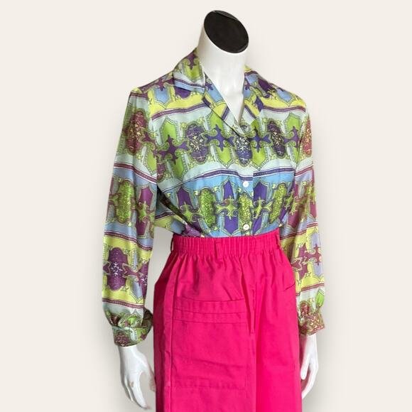 Vtg  polyester button down green purple & blue sleeves size 32 - Picture 4 of 6